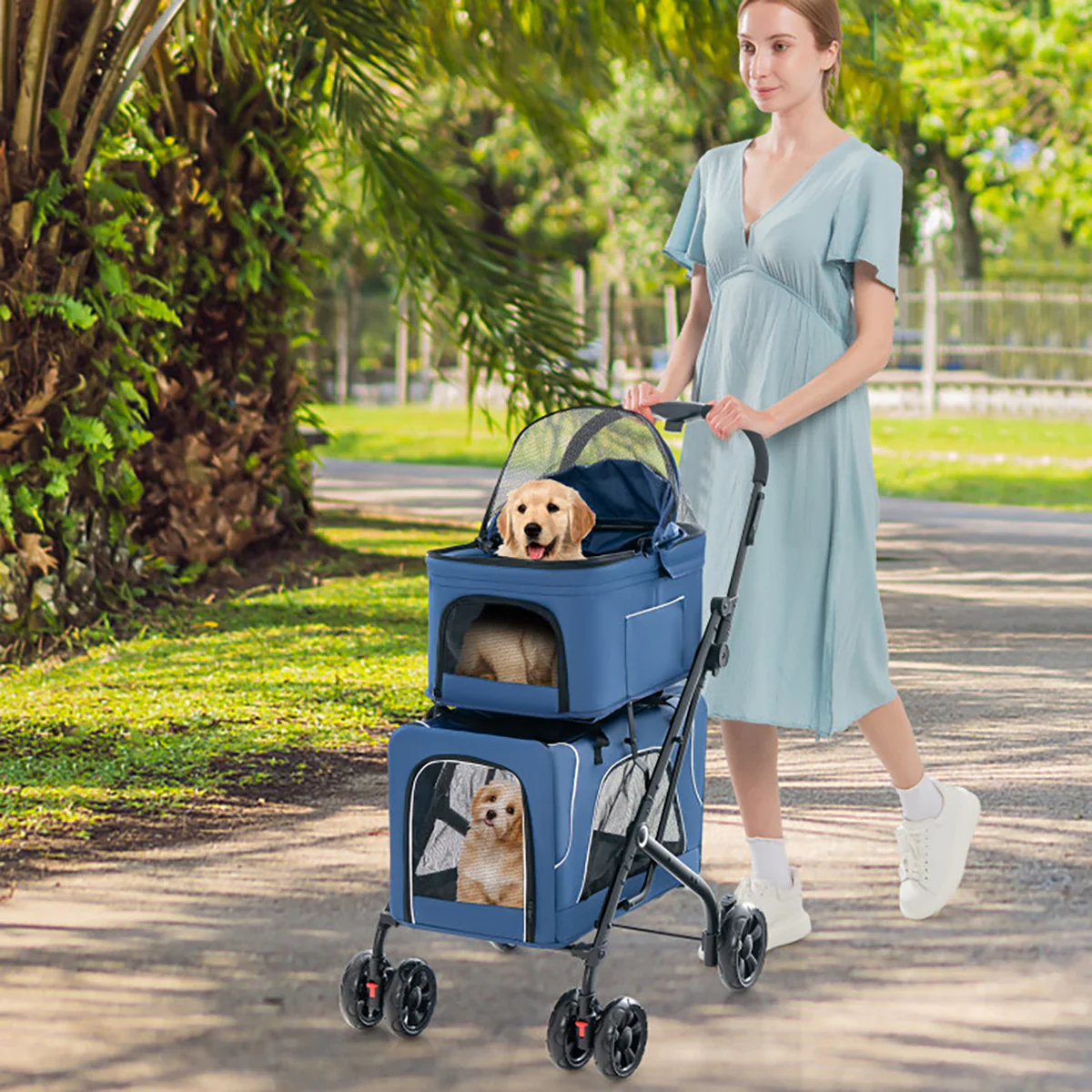 3-in-1 Foldable Double Pet Stroller with Detachable Carriers