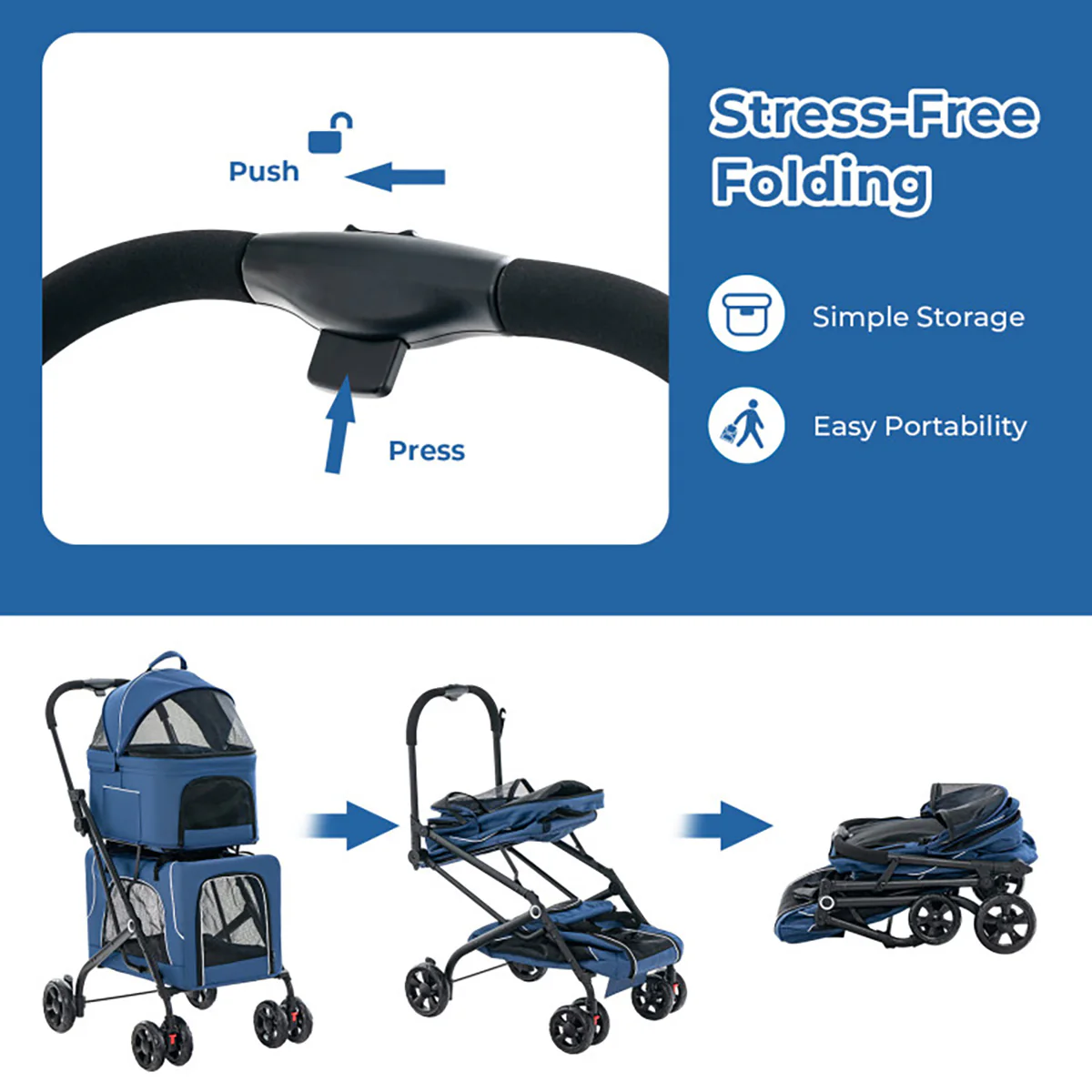 3-in-1 Foldable Double Pet Stroller with Detachable Carriers - Image 8