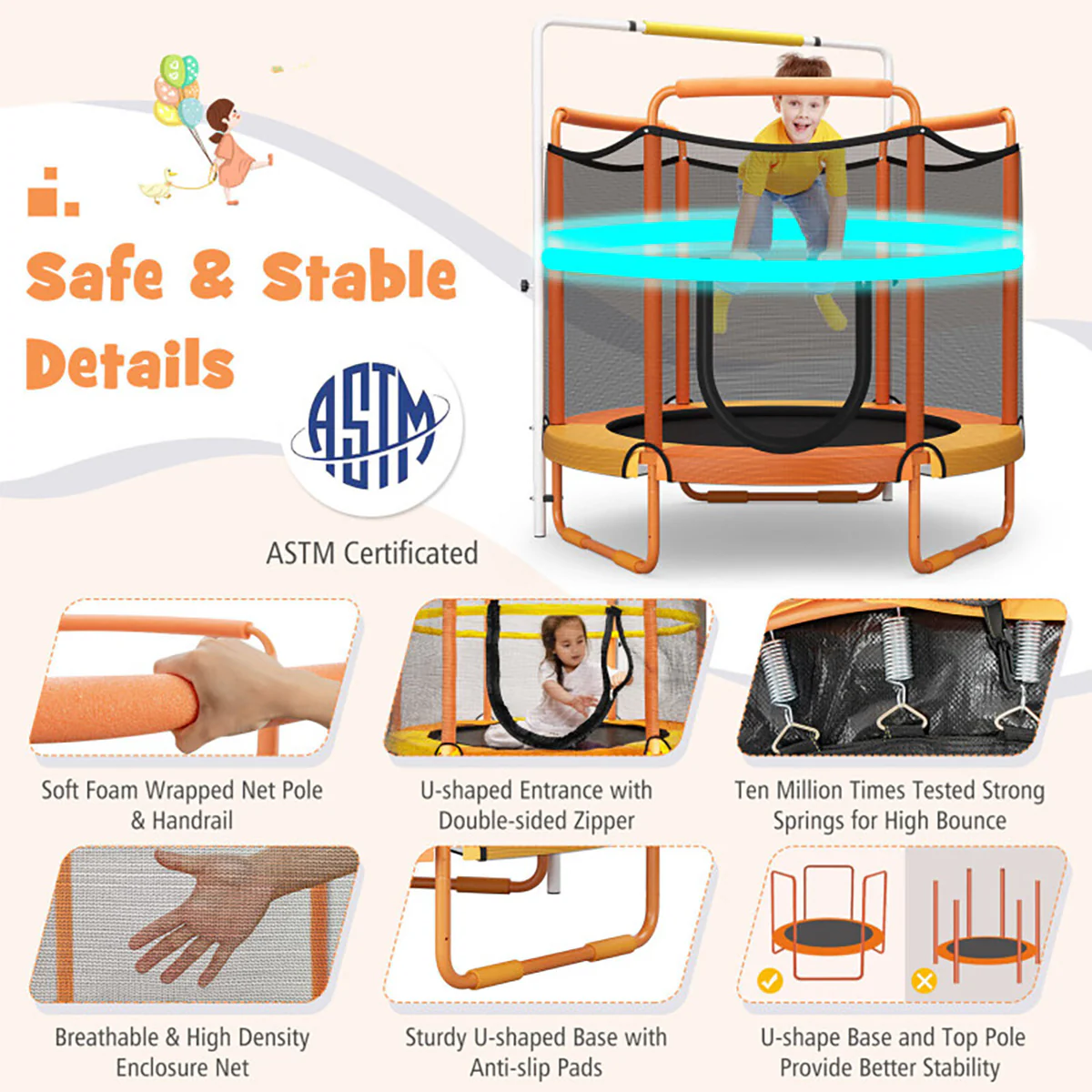 5' Kids 3-in-1 Game Trampoline with Enclosure Net Spring Pad - Image 11